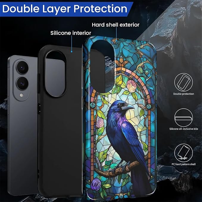 for Samsung Galaxy S25 Edge Case, Crow Faux Stained Glass Pattern Glossy 2 in 1 - Image 3