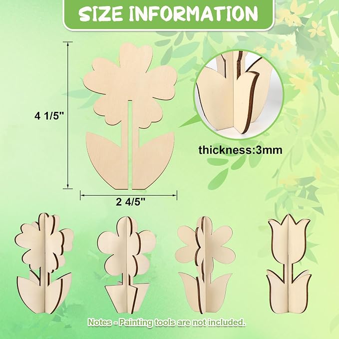 COCHIE DIY 3D Flower Spring Wood Crafts to Paint, Paintable Unfinished Wooden - Image 2