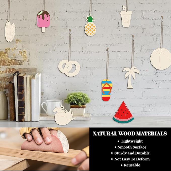 Subacy 80 PCS Unfinished Wood Cutouts 10 Styles DIY Wooden Summer Ornaments - Image 5