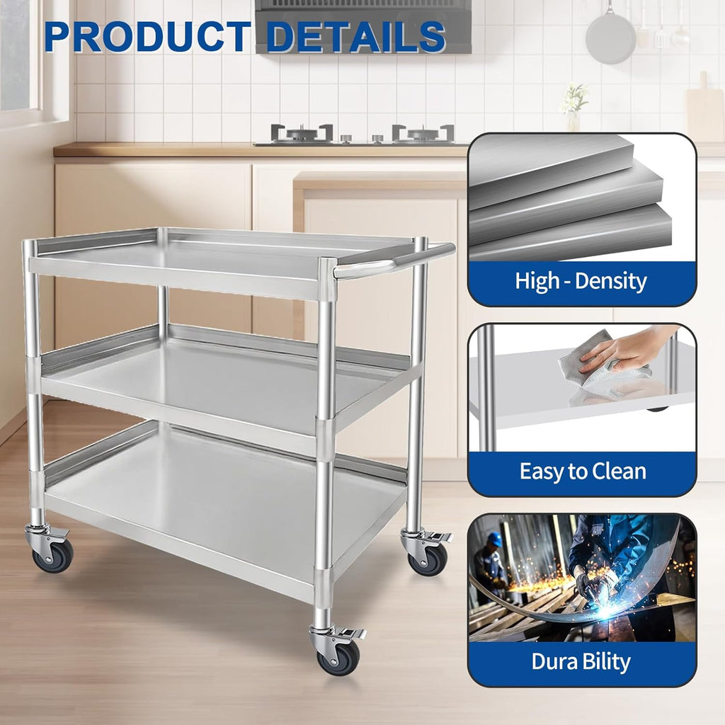 3-Shelf Stainless Steel Rolling Utility Cart - Heavy-Duty Metal Mobile Storage with Handle & Locking Wheels - Ideal for Kitchen, Medical, Lab, Restaurant & Home Use (19''x31''x34'')
