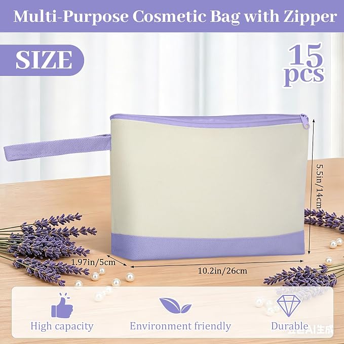 Silkfly 15 Pcs Cotton Canvas Makeup Bags Cosmetic Zipper Bags 10.2 x 5.5 x 2'' - Image 2