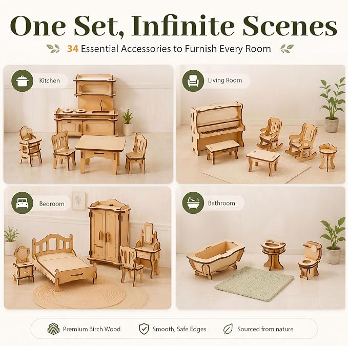 LOVEINUSA 34 PCS DIY Wooden Dollhouse Furniture Set, 1:20 Scale Miniature Room - Image 3