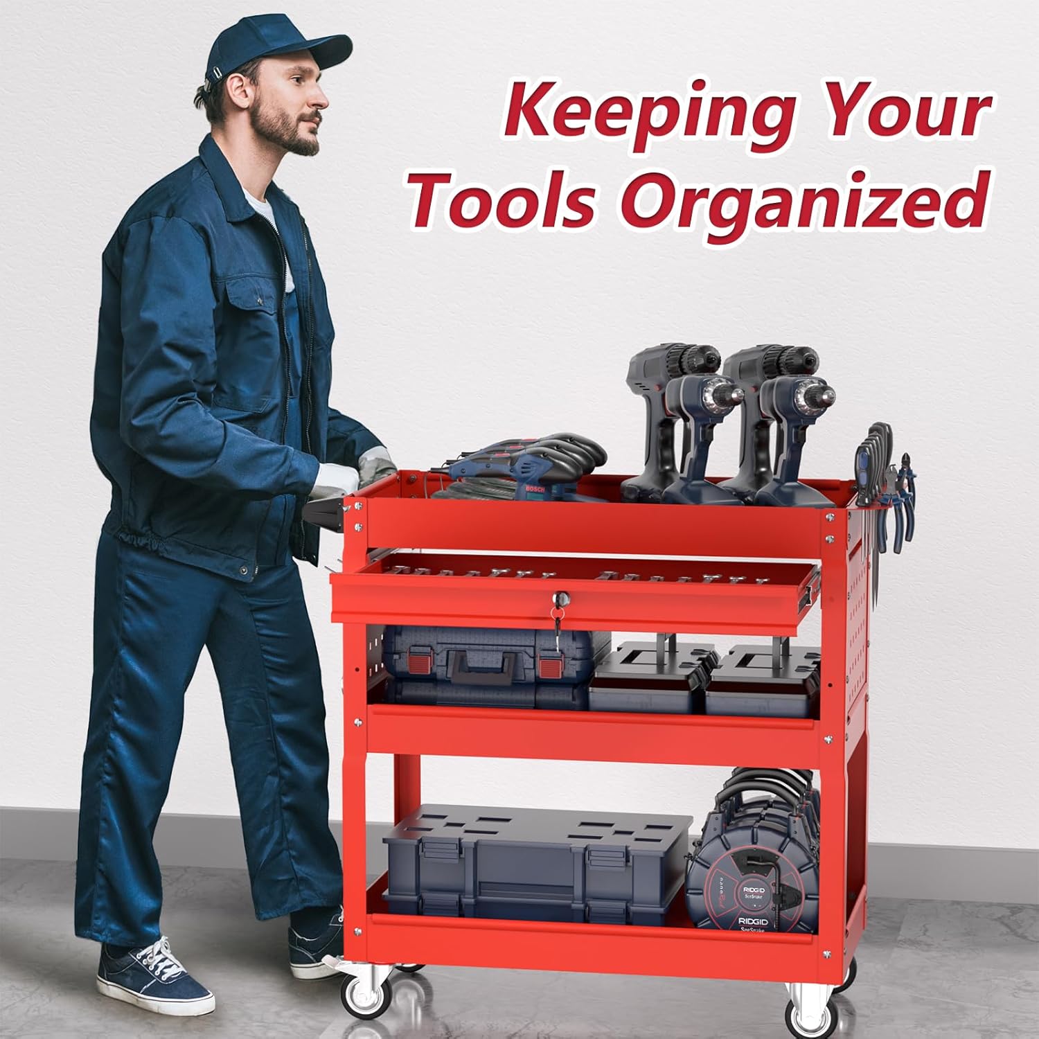 3 Tier Rolling Tool Cart on Wheels, Heavy Duty Service Cart Industrial Utility Cart with Drawer and Screwdriver Rack Pegboard, 550 LBS Mobile Tool Storage Organizer for Garage, Workshop (Red)