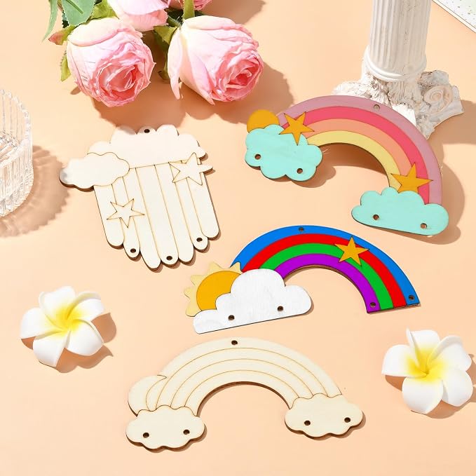 LiQunSweet 40 Pcs 4 Styles Rainbow Theme Unfinished Wood Cutout Cloud Rainbow - Image 5