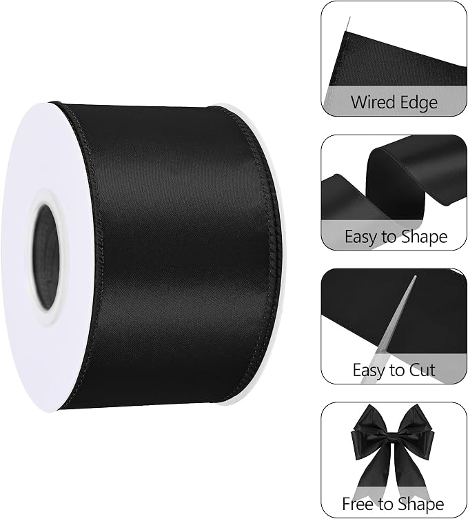 Black 2.5 Inch Continuous 25 Yards Satin Wired Ribbon Valentine's Day Ribbons - Image 3