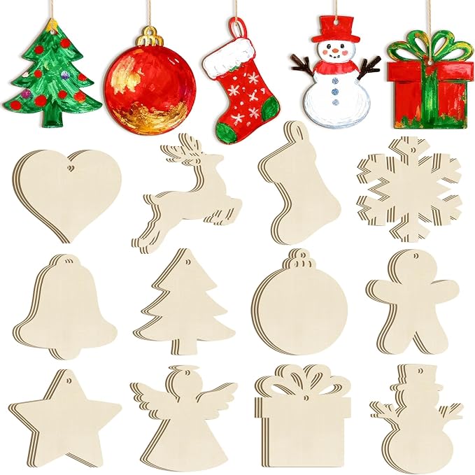 36PCS Wooden Christmas Ornaments to Paint, 12 Styles DIY Blank Unfinished Wood by Sophena