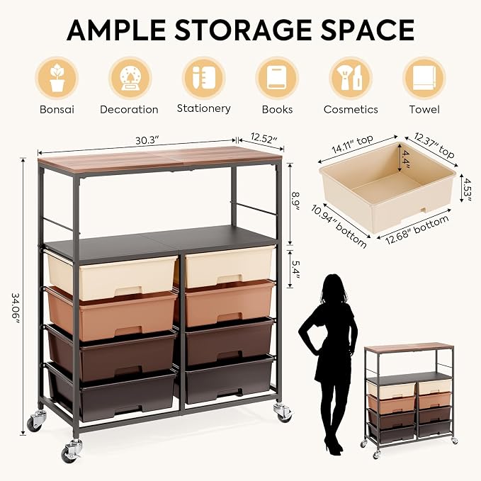 Rolling Cart with 8 Drawers, Storage Drawer Cart with Wooden Tabletop, Lockable - Image 3