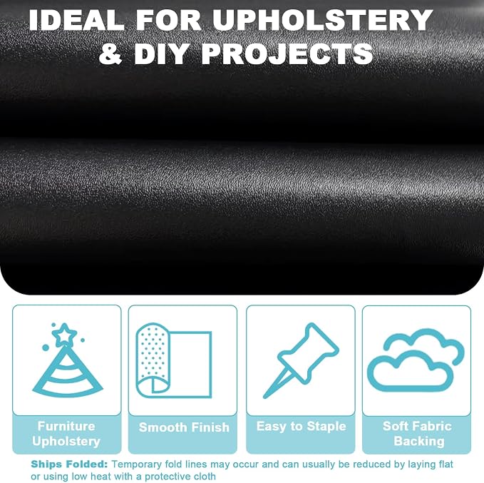 Black Faux Leather Fabric 118"×55" Smooth Grain Upholstery Vinyl - Image 3