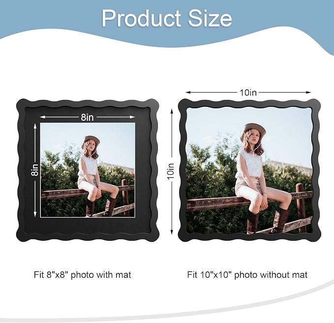 10x10 Picture Frame with Mat for 8x8, Wavy Edge Wooden Real Glass Photo Frame - Image 3