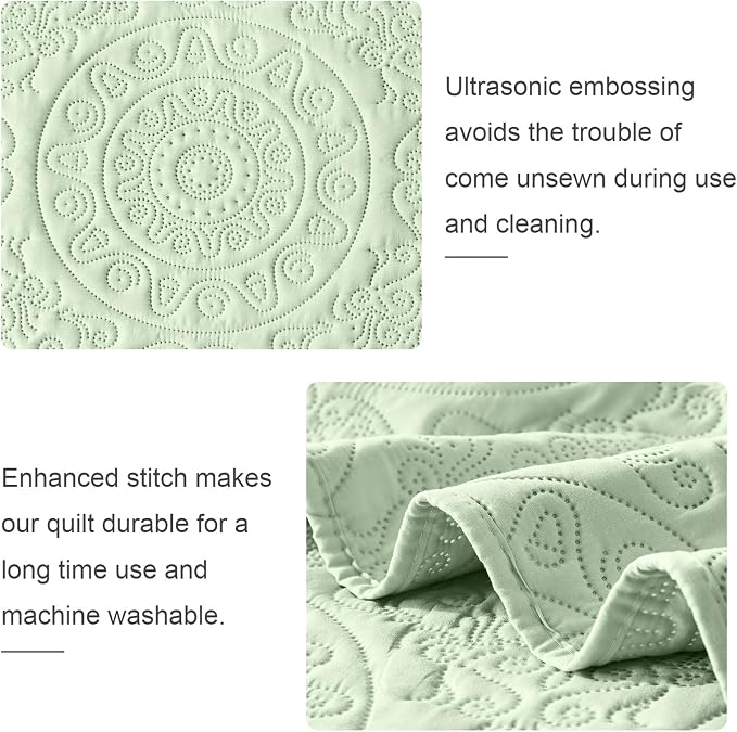 WURUIBO Light Green Quilt Set Twin Size, Embossing Microfiber Bedspreads - Image 5