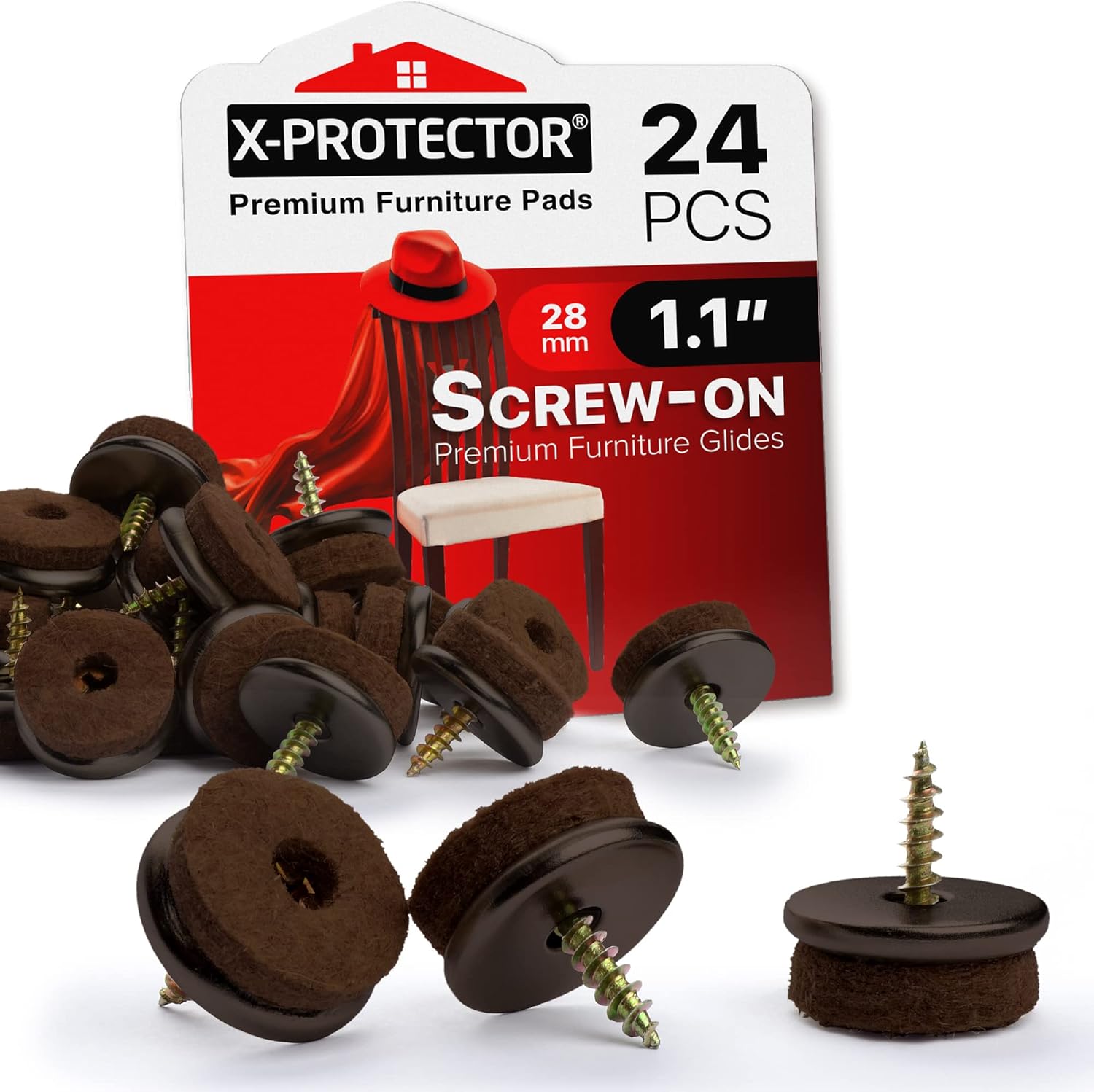 Screw-On Felt Furniture Pads X-Protector 24 PCS - 1.1” Chair Leg Floor Protectors for Hardwood Floors - Premium Chair Glides - Brown Floor Protectors for Chairs - The Best Furniture Sliders!