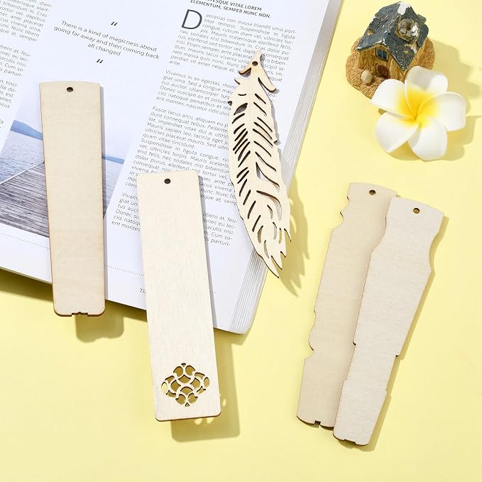 50 pcs 5 Styles Blank Theme Unfinished Wood Cutout Bookmarks Feather Flower - Image 6