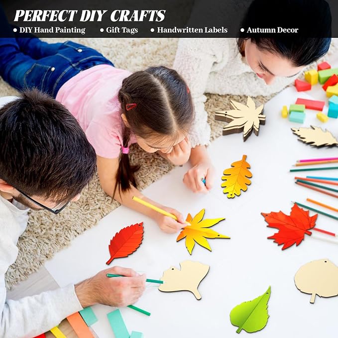 Subacy 80 PCS Unfinished Wood Cutouts 8 Styles DIY Wooden Crafts, Autumn Maple - Image 5