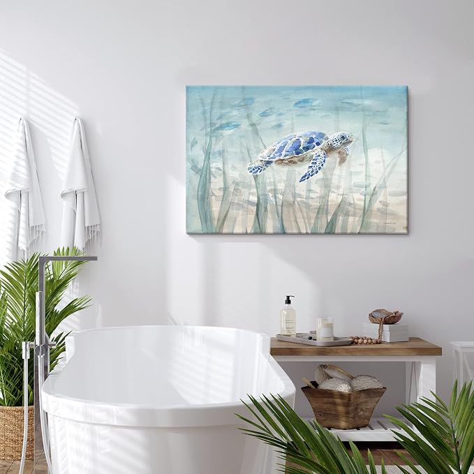 Ocean Wall Decor Blue Turtle Canvas Art Sea Grass Pictures Coastal Print - Image 3