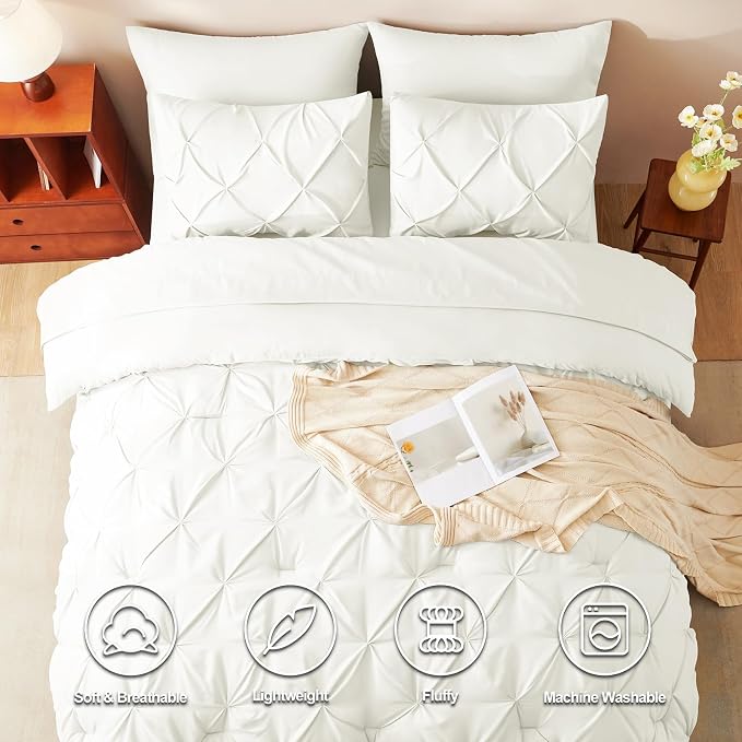 CozyLux Full Size Comforter Sets Ivory, 7 Pieces Pintuck Bed in A Bag Ivory - Image 2