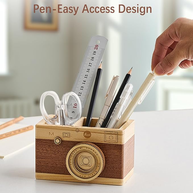 Vintage Wooden Camera Pencil Holder – Retro Desk Organizer - Image 4