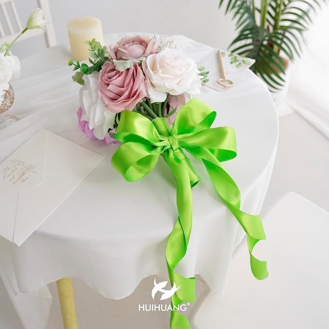 HUIHUANG Lime Green Wired Ribbon 1-1/2 inch Lime Green Satin Wire Ribbon - Image 8