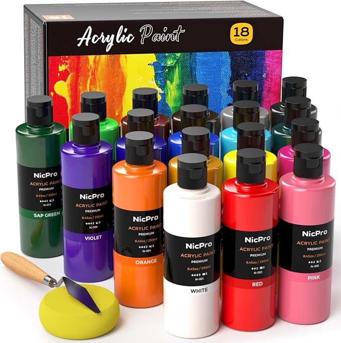 Nicpro 18 Colors Large Bulk Acrylic Paint Set by Nicpro