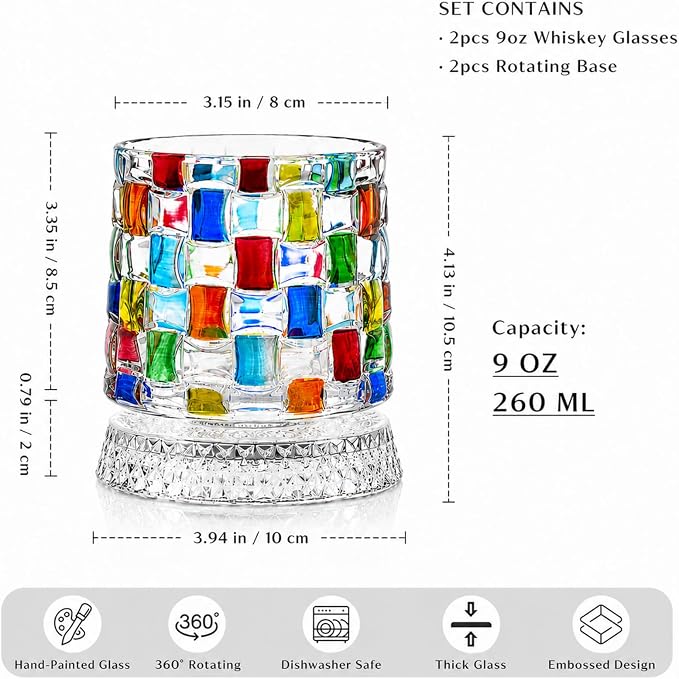 Colorful Rotating Whiskey Glasses Set of 2, 9 oz Rocks Glasses - Image 3