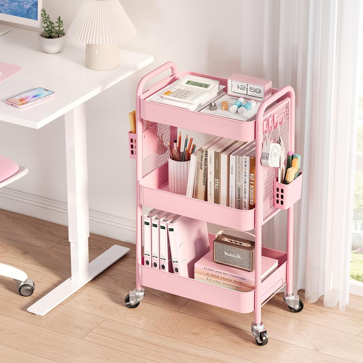 TOOLF 3 Tier Rolling Cart Storage Organizer, Metal Rolling Utility Cart with Wheels, Hooks & Bins Esthetician Craft Art Sturdy Storage with Pegboard for Bathroom, Kitchen, Office, Nursery Diaper