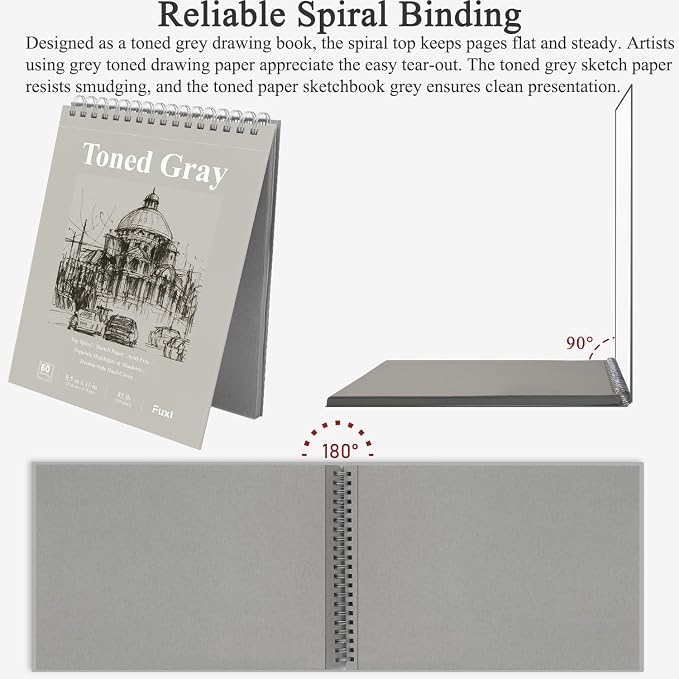 Fuxi Toned Gray Sketchbook 8.5x11, 60 Sheets Spiral Bound, Artist Sketch Pads - Image 4