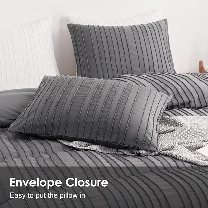 WARMDERN Gray Boho Duvet Cover Set Queen Size, Striped Textured Duvet Cover - Image 4