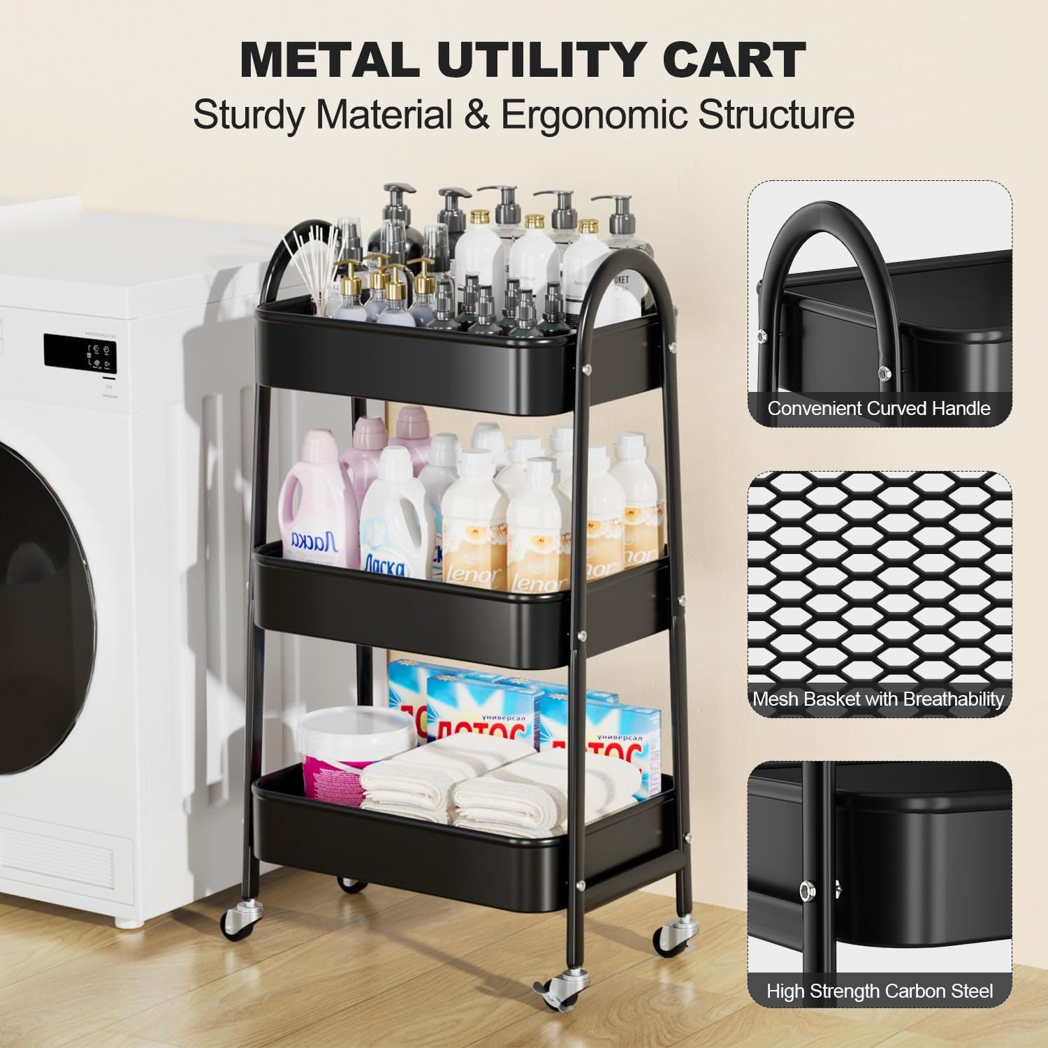 EAGMAK 3 Tier Rolling Cart, Large Metal Storage Cart with Handle and Lockable Wheels, Big Multifunctional Storage Organizer Trolley with Mesh Baskets for Kitchen, Living Room, Office, Garage (Black)