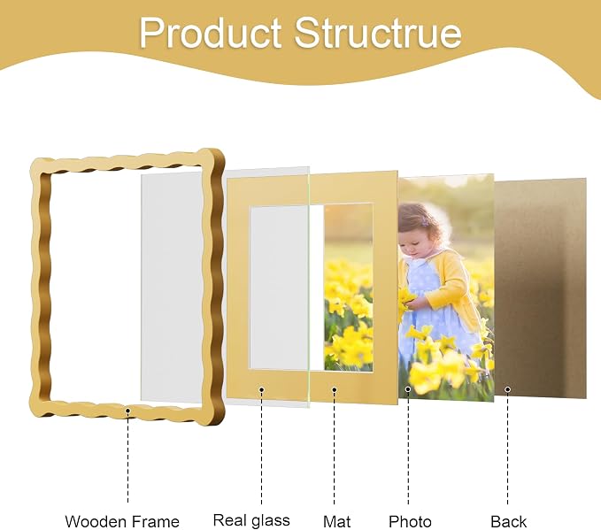 10x10 Picture Frame with Mat for 8x8, Wavy Edge Wooden Real Glass Photo Frame - Image 5