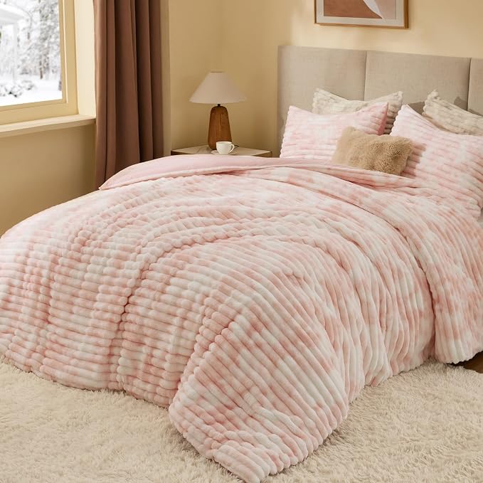 BEDELITE Fleece Full Comforter Set -Super Soft & Warm Fluffy Pink&White Bedding - Image 2
