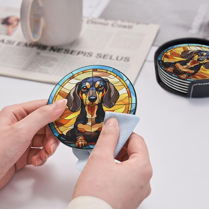 Drink Coaster Set of 6, Dachshund Dog Mom Lover Gift, Leather Drink Coasters - Image 7