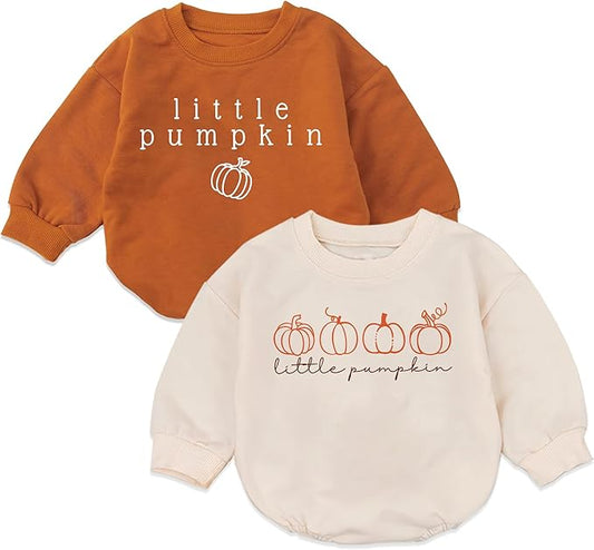 2PC Little Pumpkin Baby Romper, Infant Halloween Ghost Outfit, Fall Baby Girl Boy Bodysuit, Long Sleeve Autumn Clothes