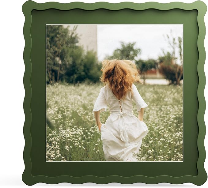 12x12 Picture Frame with Mat for 10x10, Wavy Edge Wooden Real Glass Photo Frame by THKRLOF