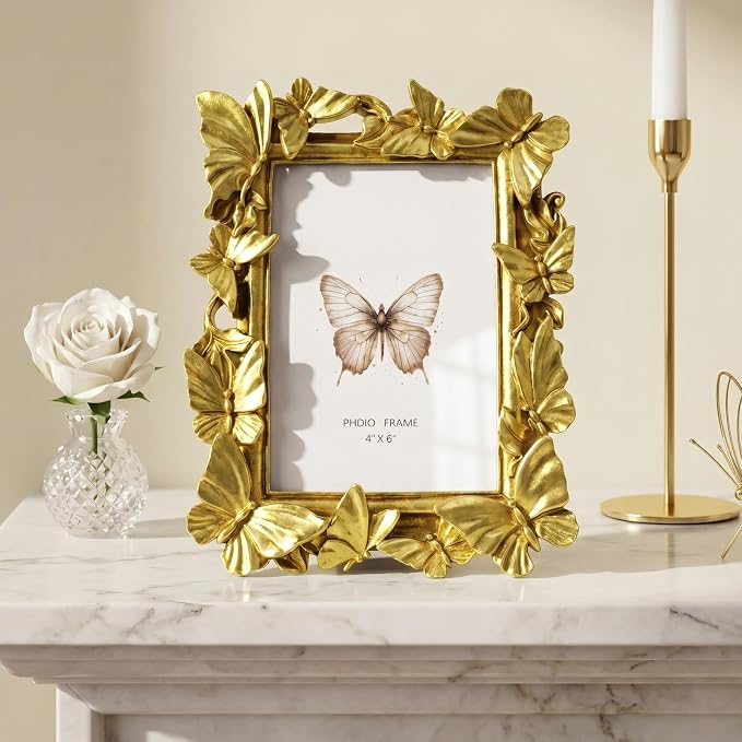 Cuspin 4x6 Gold Picture Frame, Ornate Butterfly Decorative Photo Frame - Image 3