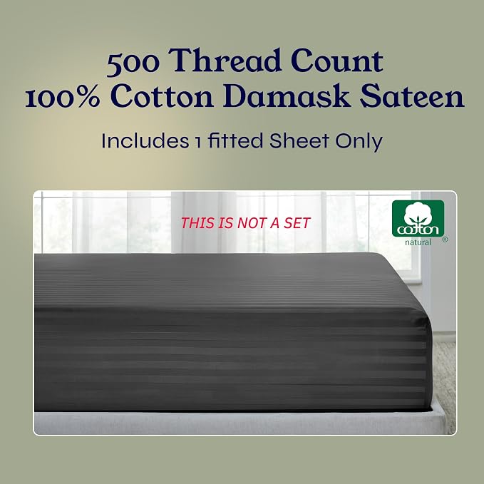 California Design Den Cotton Sateen Damask Stripe Queen Fitted Sheet Only - Image 5