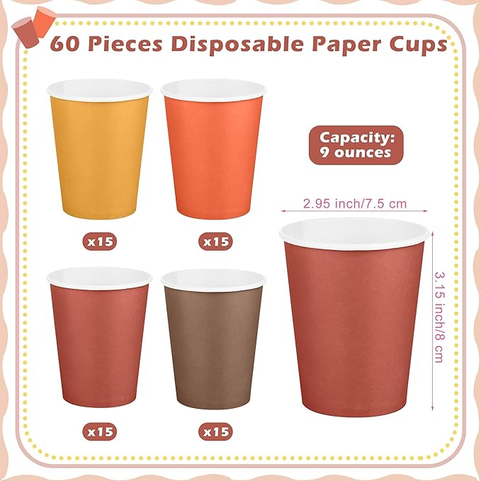URATOT 60 Pieces 9 Ounce Disposable Paper Cups Autumn Color Party Cups Thanksgiving Fall Drinking Cups for Party, DIY, and Holiday, 4 Colors