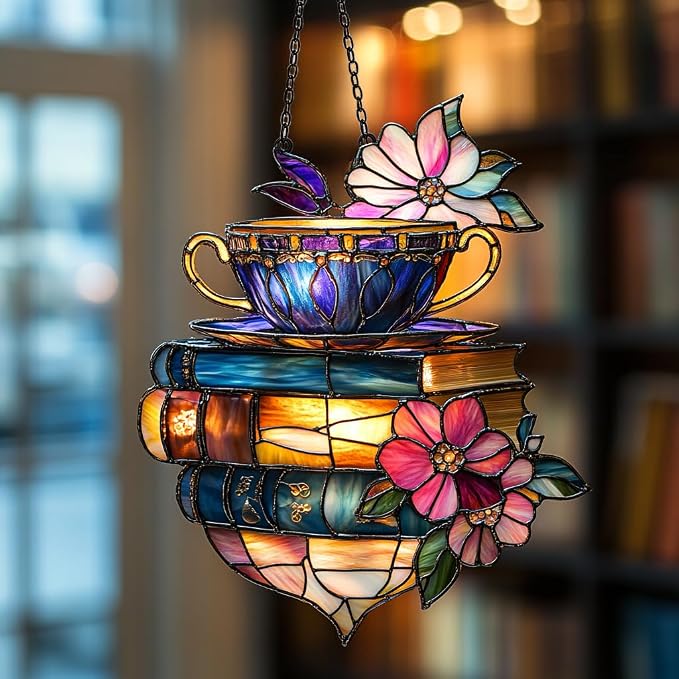 Floral Coffee Cup and Books Acrylic Suncatcher Stained Glass Effect Window Car by AVAGAN