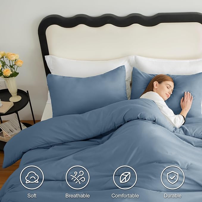 CozyLux California King Comforter Set Grayish Blue, 3 Pieces Cal King Solid - Image 5