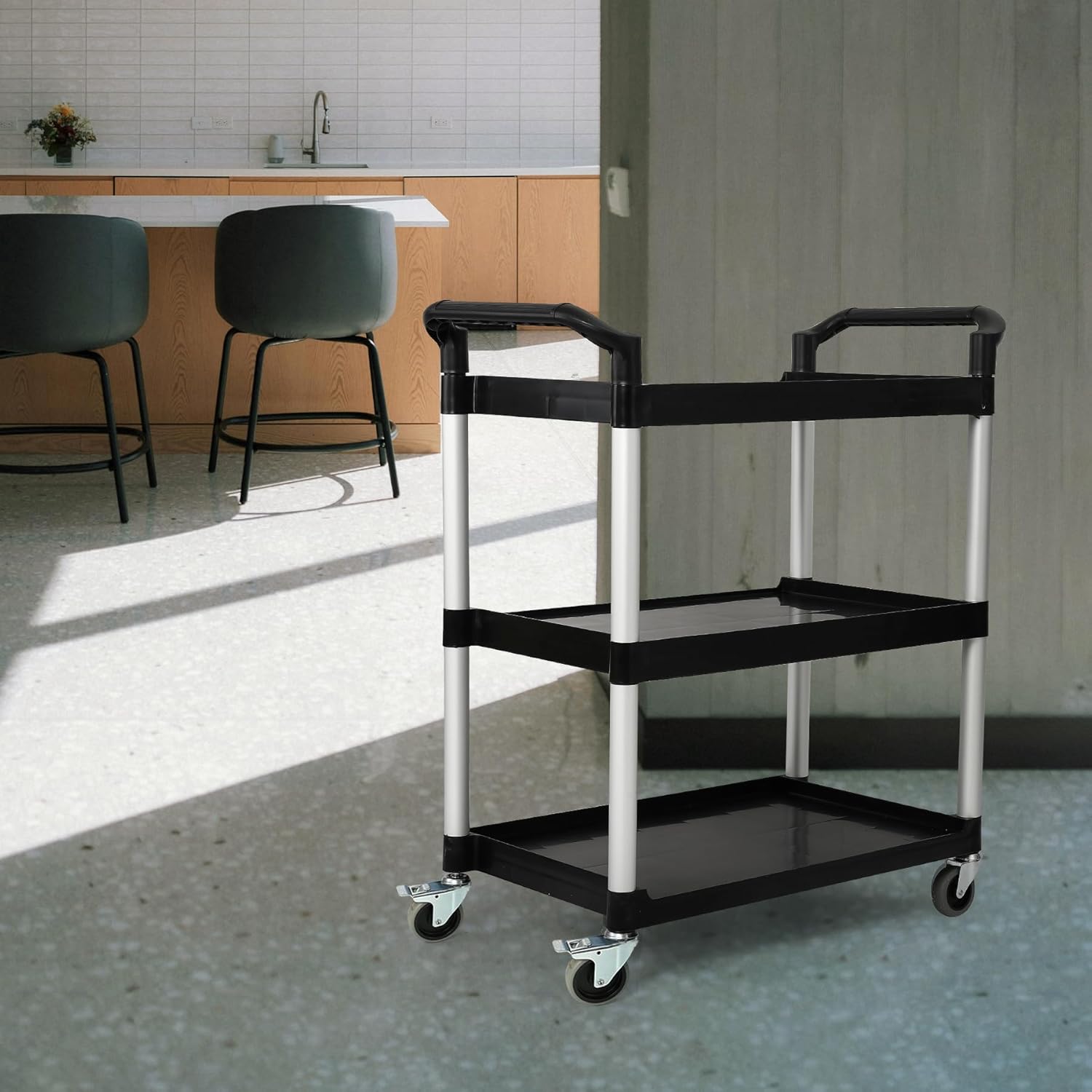 3-Tier Utility Rolling Cart with Wheels, Durable Catering carts with Wheels, Rolling Storage Cart for Hotel Canteen Resturant Office (Black, 34.4" D x 16.5" W x 37.7" H)