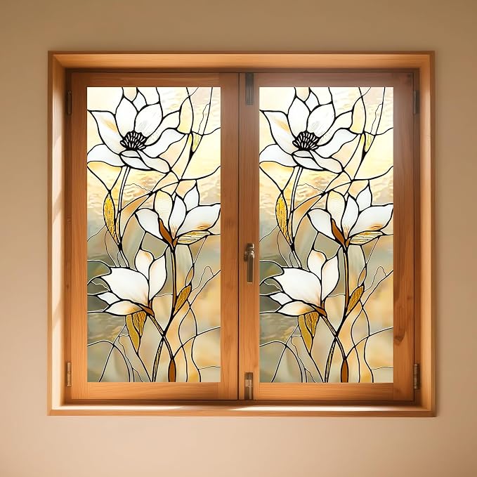 IVN Privacy Window Film Stained Glass Static Cling Window Film White Floral - Image 2