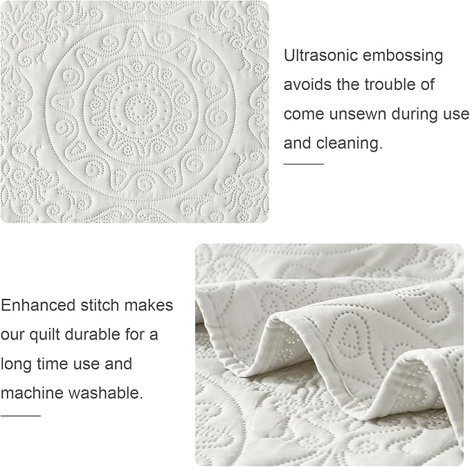 WURUIBO Cream Quilt Set Twin Size, Embossing Microfiber Bedspreads - Image 3