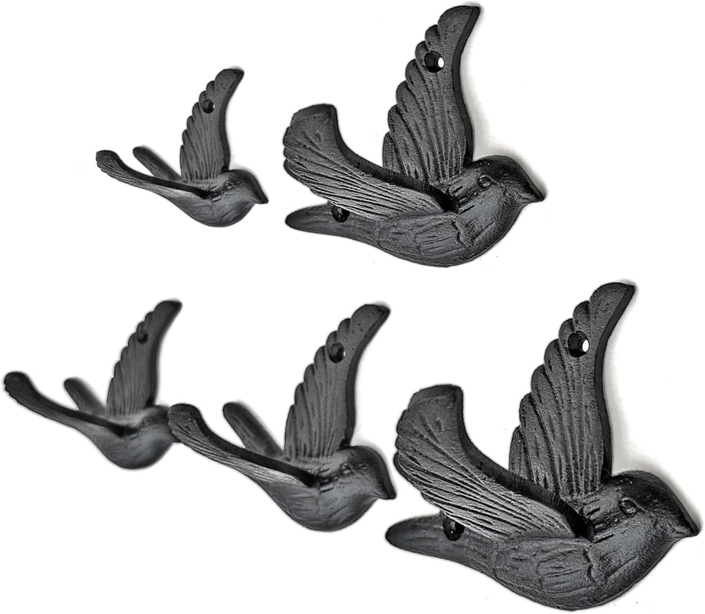 Ambipolar 5-Pack Bird Flying Style Coat Hooks, Vintage Black Hooks for Coats, Hats, and More, Sturdy Cast Iron Construction, Rustic Farmhouse Theme, Easy Installation Versatile and Durable