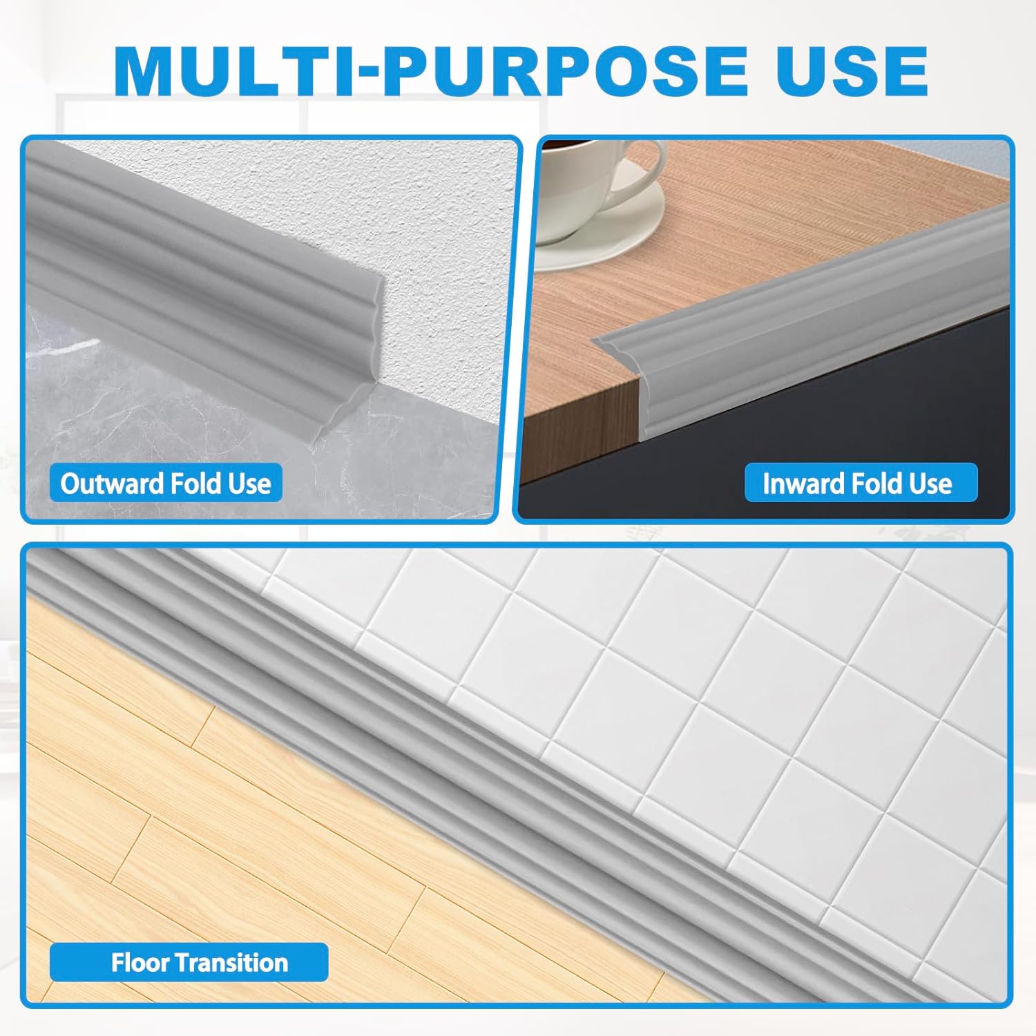 Wall Corner Protector Peel and Stick Corner Trim Molding Flexible Inside & Outside Wall Edge Guard Self Adhesive Moulding Trim for Edge Use, Gray, 2.3” W x 10’ L