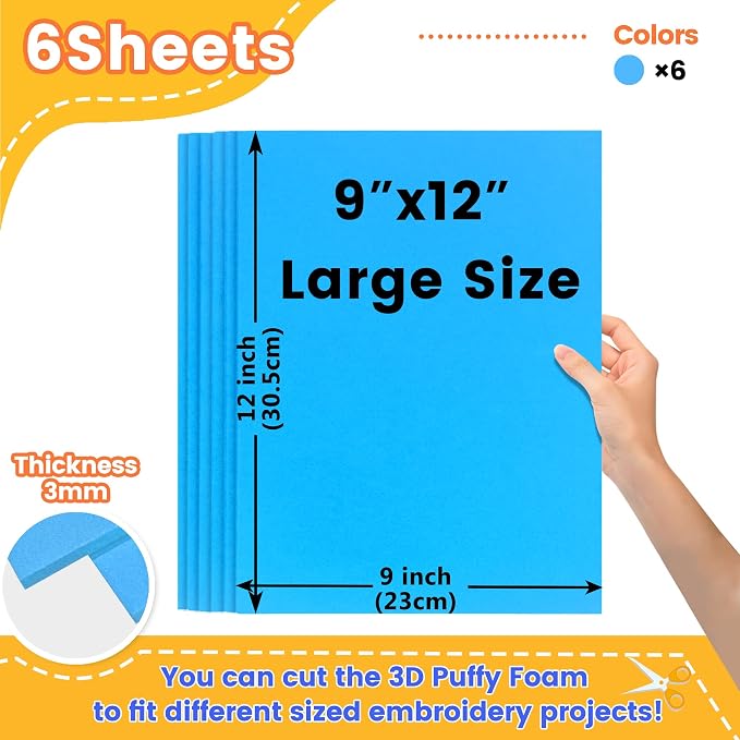 New brothread - 16 Options- 6PCS Embroidery Puffy Foam 9″x12″ Large Size 3MM - Image 2