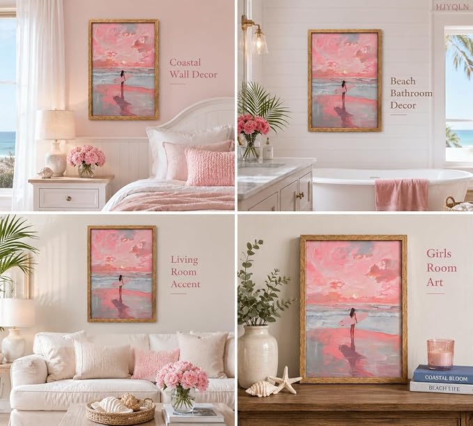 Framed Pink Surfer Girl Canvas Wall Art, Sunset Pink Seascape - Image 6