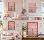 Framed Pink Surfer Girl Canvas Wall Art, Sunset Pink Seascape - Image 6