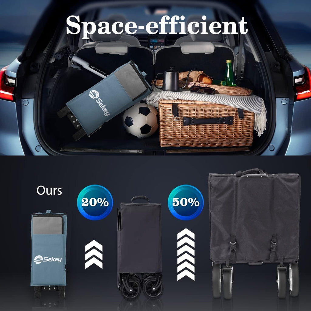 Sekey 220L Collapsible Foldable Wagon with 330lbs Weight Capacity, Heavy Duty Folding Wagon Cart with Big All-Terrain Wheels & Drink Holders (Blue&Grey)