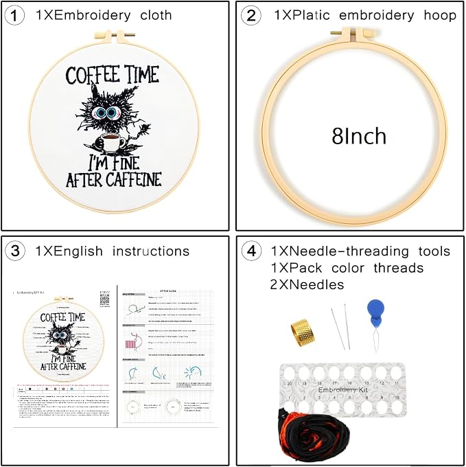 Cute Cat Embroidery Kits for Beginners Adults, Coffee Hand Embroidery Starter - Image 6