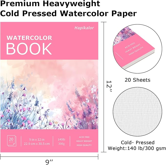 Watercolor Paper Pad 9x12, 140lb/300gsm Cold Press Drawing Paper, 20 Sheets - Image 2