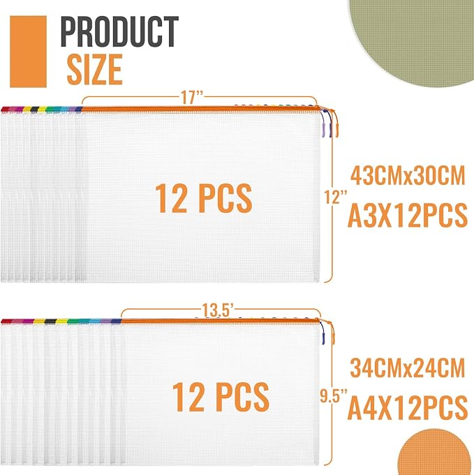 YOPCDJ 24pcs Mesh Zipper Pouch Bags, 12 Colors Extra Large 12PCS A3 and 12pcs A4 - Image 2
