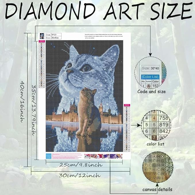 Cat Diamond Painting Kit for Adults, Round Full Drill Gem Art 12x16In | 5D - Image 6